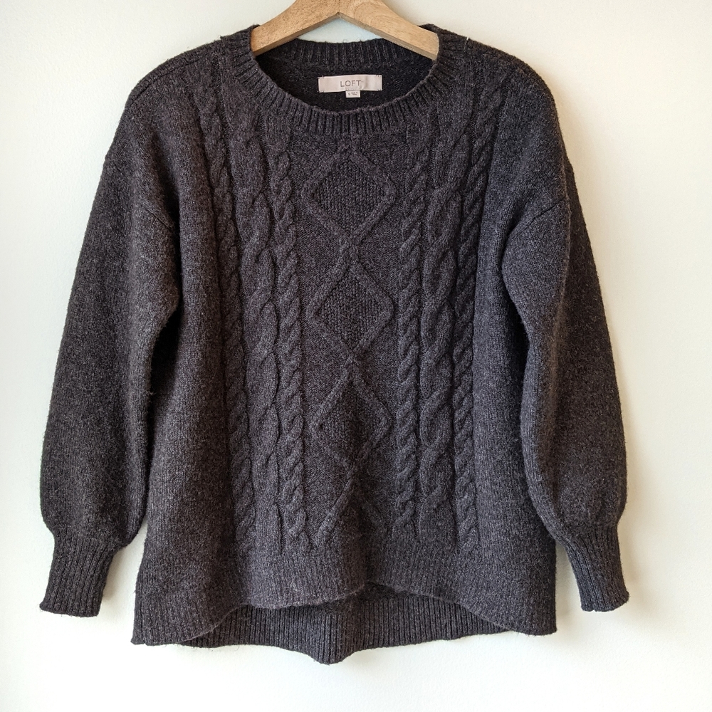 LOFT Cable Knit Pullover Sweater Charcoal Gray